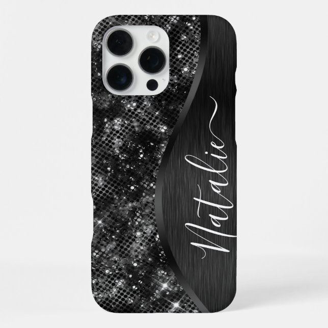 Metallic Black Glitter Personalised iPhone Case (Back)
