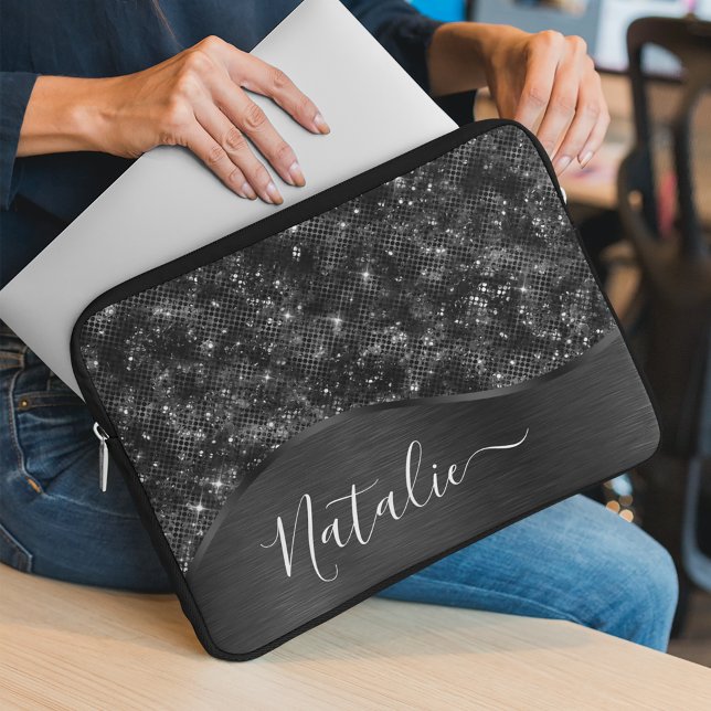 Metallic Black Glitter Personalised Laptop Sleeve (Creator Uploaded)
