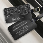 Metallic Black Glitter Personalised Luggage Tag<br><div class="desc">Easily personalise this black brushed metal and glamourous faux glitter patterned luggage tag with your own custom name.</div>