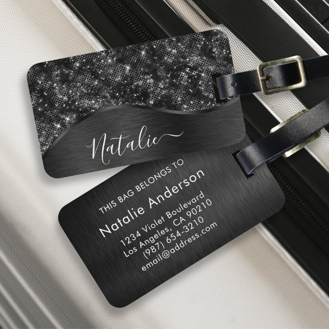 Metallic Black Glitter Personalised Luggage Tag (Creator Uploaded)