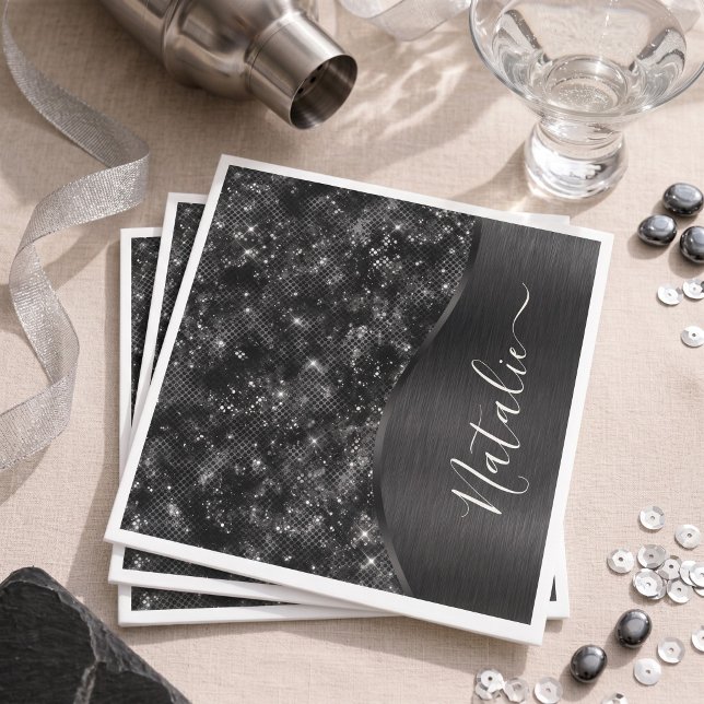 Metallic Black Glitter Personalised Napkin (Creator Uploaded)