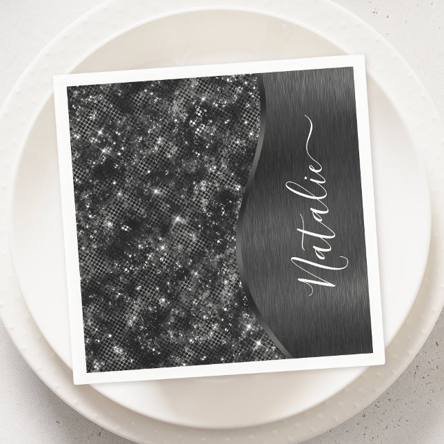 Metallic Black Glitter Personalised Napkin (Creator Uploaded)