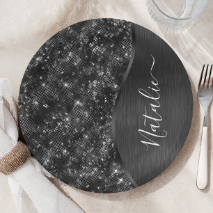 Metallic Black Glitter Personalised Paper Plate