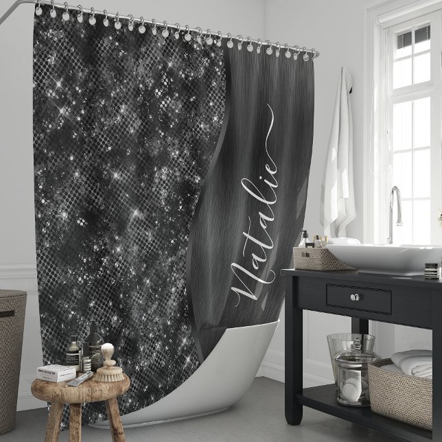 Metallic Black Glitter Personalised Shower Curtain (Creator Uploaded)