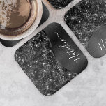 Metallic Black Glitter Personalised Square Paper Coaster<br><div class="desc">Easily personalise this black brushed metal and glamourous faux glitter patterned square paper coaster with your own custom name.</div>