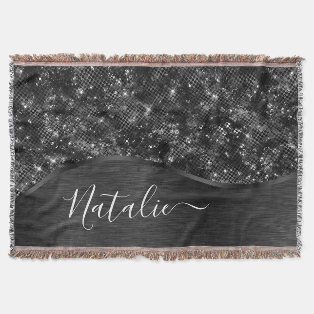 Metallic Black Glitter Personalised Throw Blanket (Front)