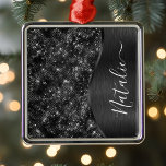 Metallic Black Glitter Personalized Metal Tree Decoration<br><div class="desc">Easily personalize this black brushed metal and glamorous faux glitter patterned ornament with your own custom name.</div>