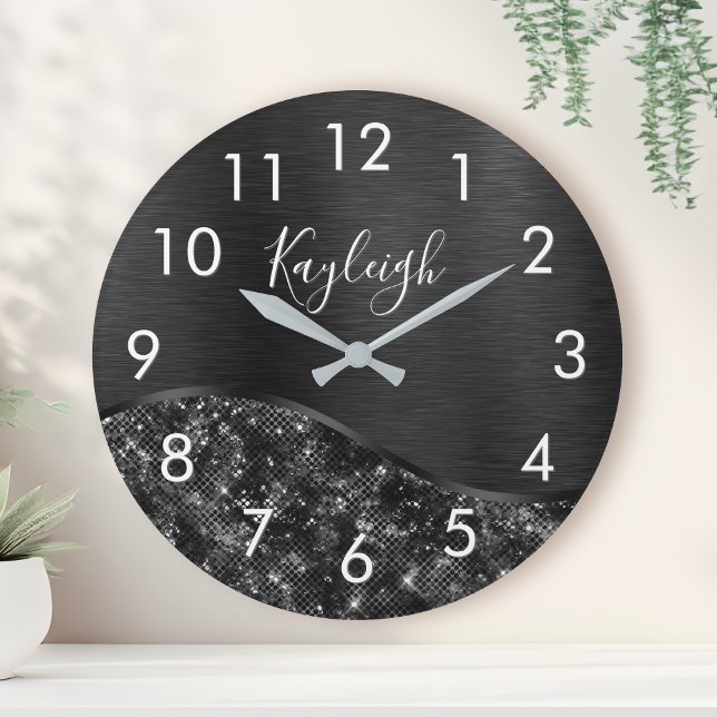 Metallic Black Glitter Personalized Round Clock (Creator Uploaded)