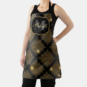 Metallic Black & Gold Glitter Glam Filigree Apron