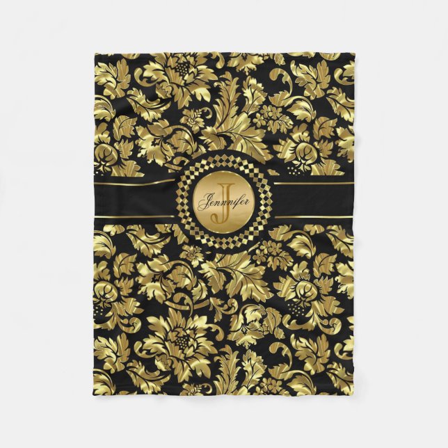 Metallic Black & Gold Vintage Damasks Monogram Fleece Blanket (Front)
