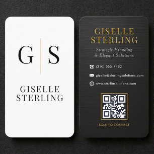 Metallic Black White Gold Monogram QR Code Business Card