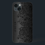 Metallic Black With Black Paisley Lace iPhone 13 Case<br><div class="desc">Black dark grey metallic design brushed aluminium look with black floral paisley lace. Customisable and optional monogram</div>