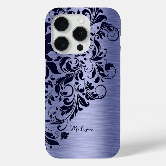 Metallic blue and dark-blue lace monogram Case-Mate iPhone case (Back)