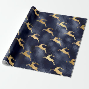 Metallic Blue and Golden Reindeer Wrapping Paper