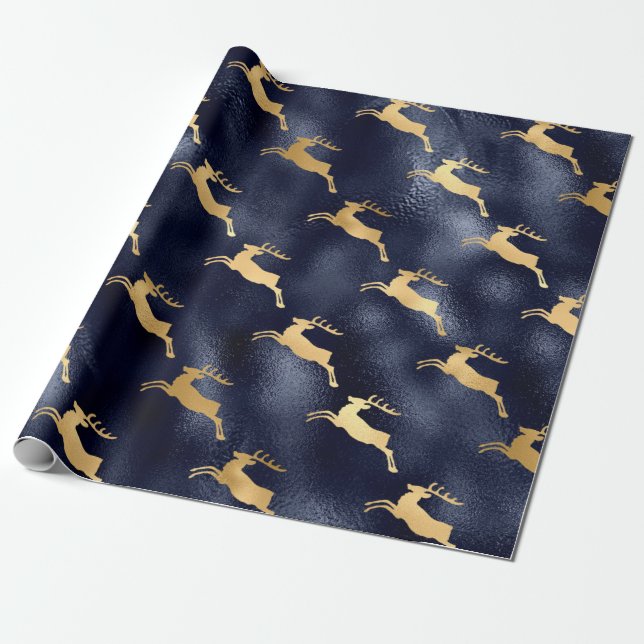 Metallic Blue and Golden Reindeer Wrapping Paper (Unrolled)