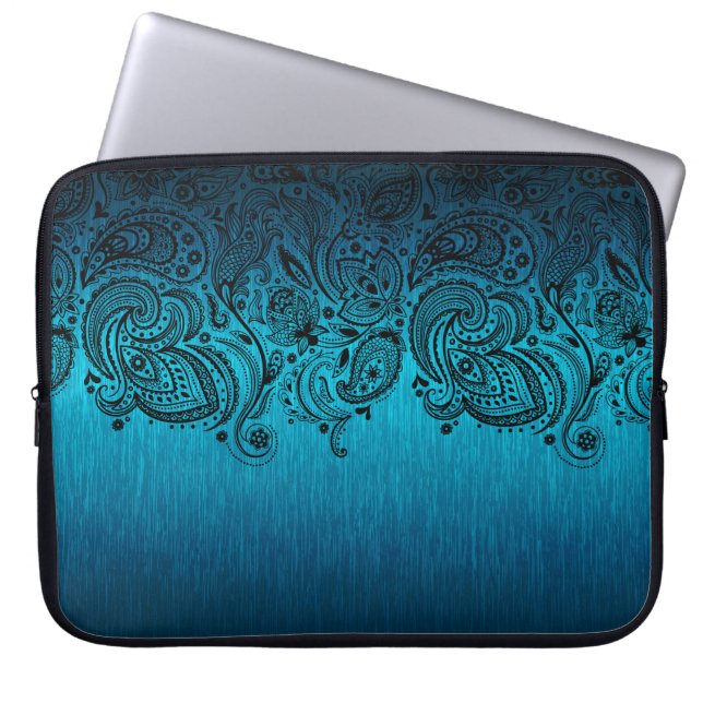 Metallic Blue Background With Black Paisley Lace Laptop Sleeve (Front)