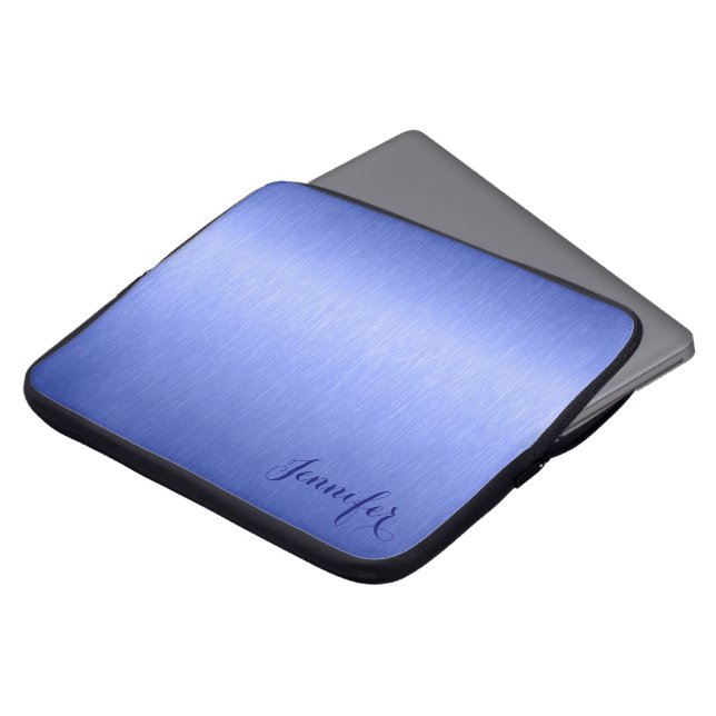 Metallic Blue Brushed Aluminium Look Monogram Laptop Sleeve (Front Top)