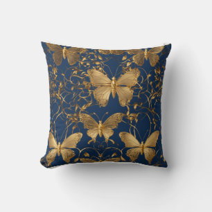 Metallic Blue Butterflies with Gold Vines Cushion