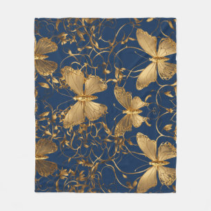 Metallic Blue Butterflies with Gold Vines Fleece Blanket