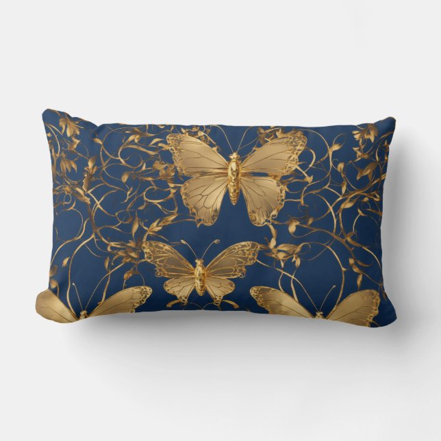 Metallic Blue Butterflies with Gold Vines Lumbar Cushion (Front)
