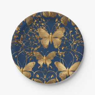 Metallic Blue Butterflies with Gold Vines Paper Plate