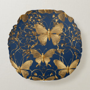 Metallic Blue Butterflies with Gold Vines Round Cushion