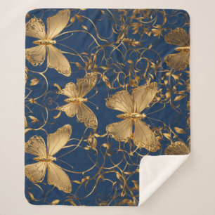 Metallic Blue Butterflies with Gold Vines Sherpa Blanket