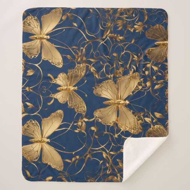 Metallic Blue Butterflies with Gold Vines Sherpa Blanket (Front)