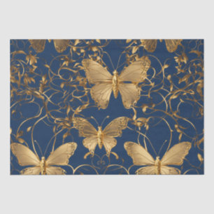 Metallic Blue Butterflies with Gold Vines Tissue Paper