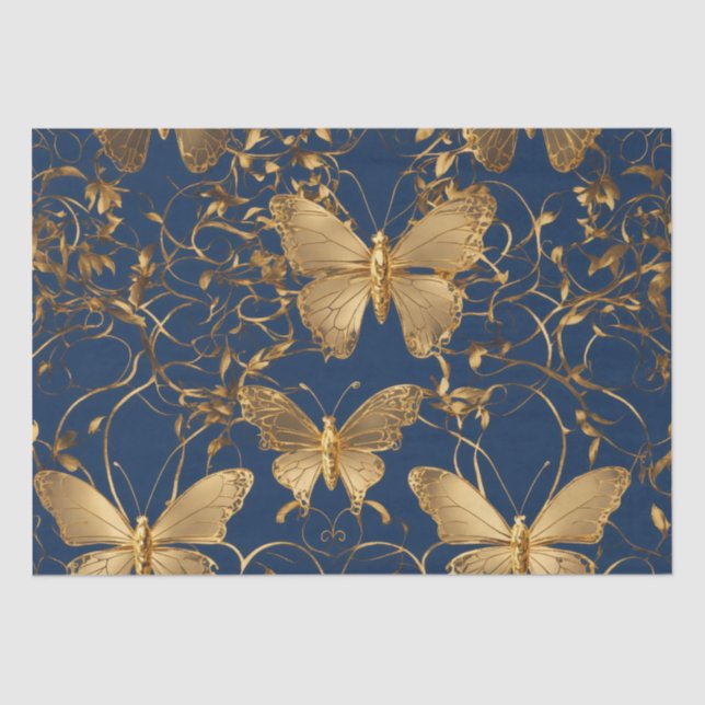 Metallic Blue Butterflies with Gold Vines Tissue Paper (Front)