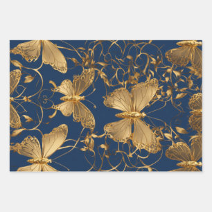 Metallic Blue Butterflies with Gold Vines Wrapping Paper Sheet