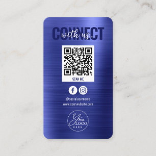 Metallic Blue Connect With Us Social Media QR Code Business Card