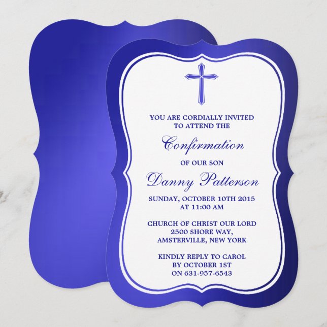 Metallic Blue Cross Holy Communion Or Confirmation Invitation (Front/Back)