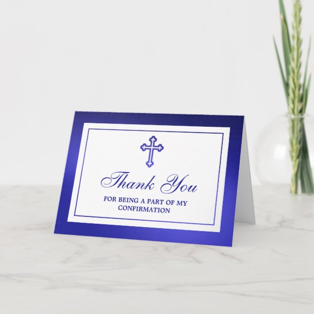 Metallic Blue Cross Holy Communion Or Confirmation Thank You Card (Front)