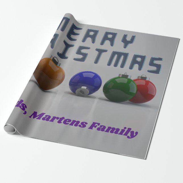 Metallic Blue Font And Ornaments Design Christmas Wrapping Paper (Unrolled)