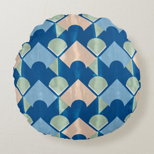 Metallic blue geometric diamond shapes  round cushion (Front)