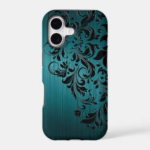 Metallic Blue-Green Brushed Aluminium & Black Lace
