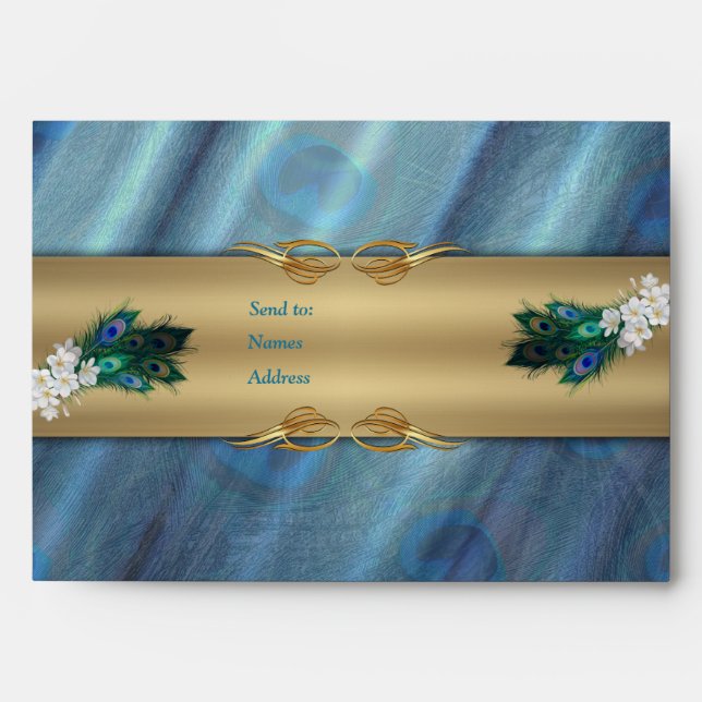 Metallic Blue-green Peacocks on Emerald Green Silk Envelope (Front)
