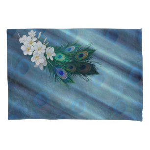 Metallic Blue-green Peacocks on Emerald Green Silk Pillowcase