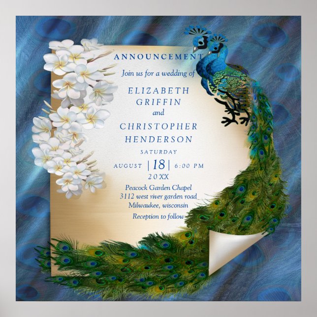 Metallic Blue-green Peacocks on Emerald Green Silk Poster (Front)