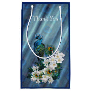 Metallic Blue-green Peacocks on Emerald Green Silk Small Gift Bag
