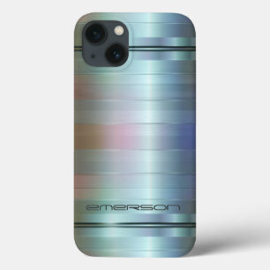 Metallic Blue-Grey Stripes Pattern Monogram iPhone 13 Case