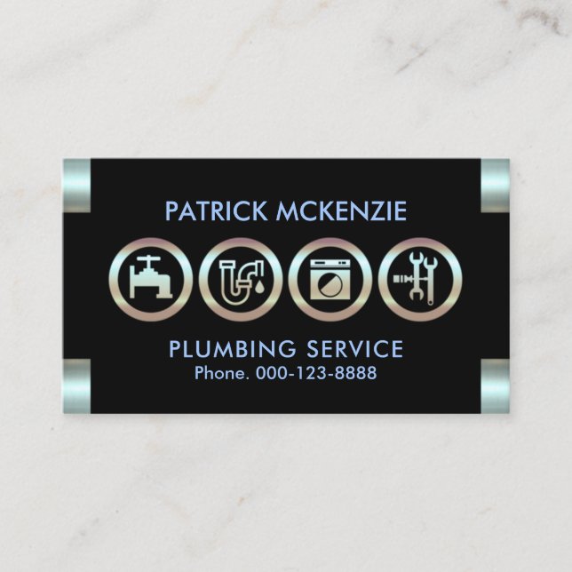 Metallic Blue Plumber Logo Tabs Plumbing Business Card (Front)