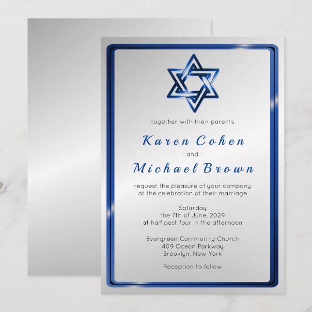 Metallic Blue Star of David Jewish Wedding Invitation (Front/Back)