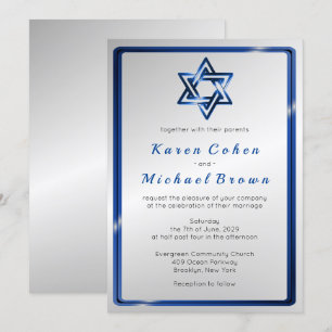 Metallic Blue Star of David Jewish Wedding Invitation