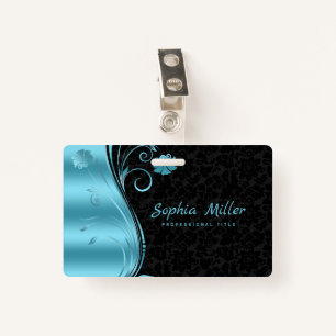 Metallic Blue Swirl Black Damask ID Badge