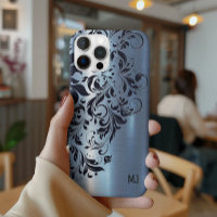 Metallic Blue Texture Blue Swirl Accent Monogram