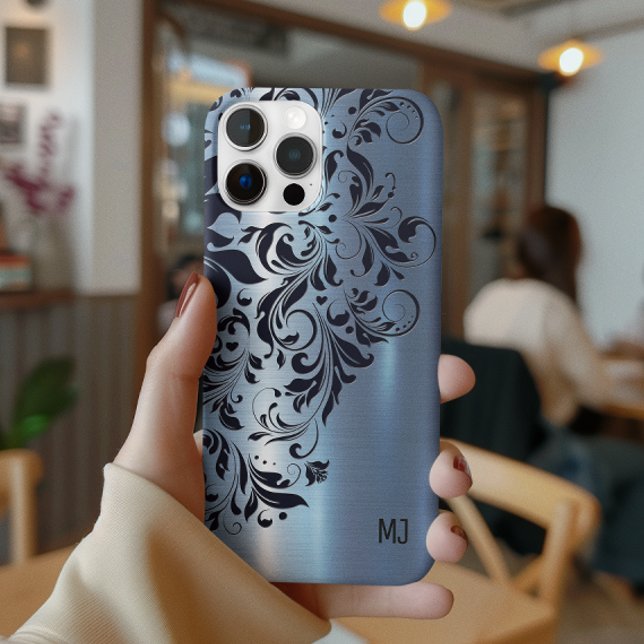 Metallic Blue Texture Blue Swirl Accent Monogram Case-Mate iPhone Case (Creator Uploaded)