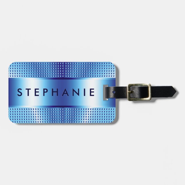 Metallic Blue Texture Print Bold Monogram Luggage Tag (Front Horizontal)