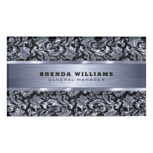 Metallic blue tint damasks and brushed aluminium name tag